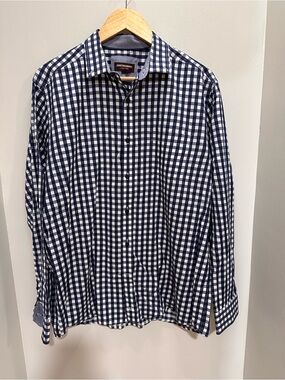 Johnston & Murphy Navy and White Gingham Button-Down Shirt. Size L.
